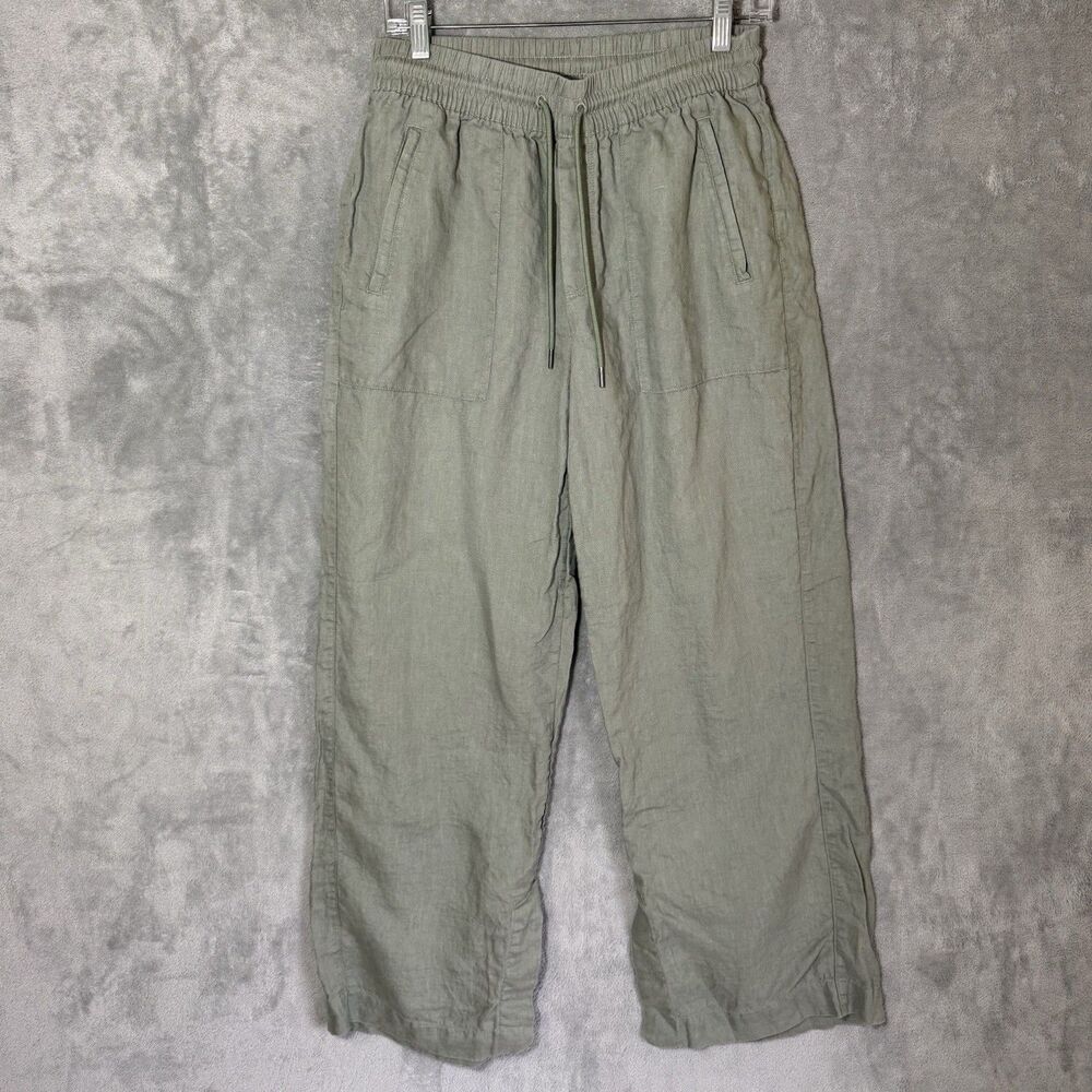 Athleta S Retreat Linen Wide Leg Pants Women Cactus Green Split Hem #851038